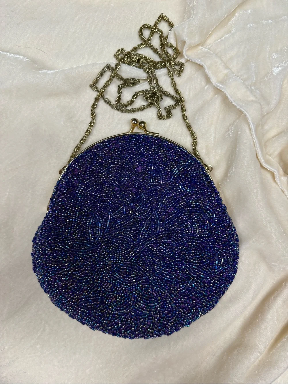 Vintage 80s Beaded Round Evening Clutch - Iridescent Blueish Purple approx 7”